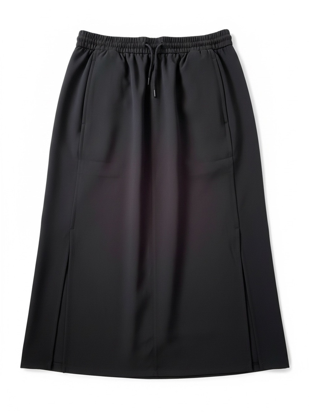 Athleta Black Midi Skirt with Elastic Drawcord Waist and Dual Leg Slits
